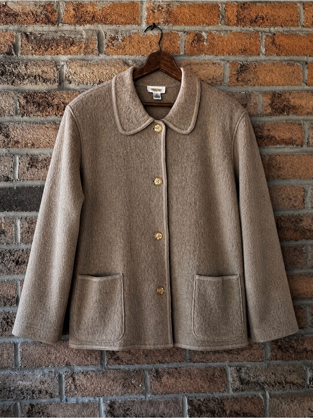 Talbots 100% Wool Jacket XL Taupe Gold Button Patch Pocket Quiet Luxury